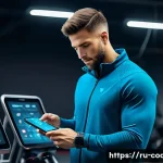 Home 22 스포츠지도사 실무 스킬 업그레이드 - A professional sports coach in a modern gym environment using digital technology to analyze training...