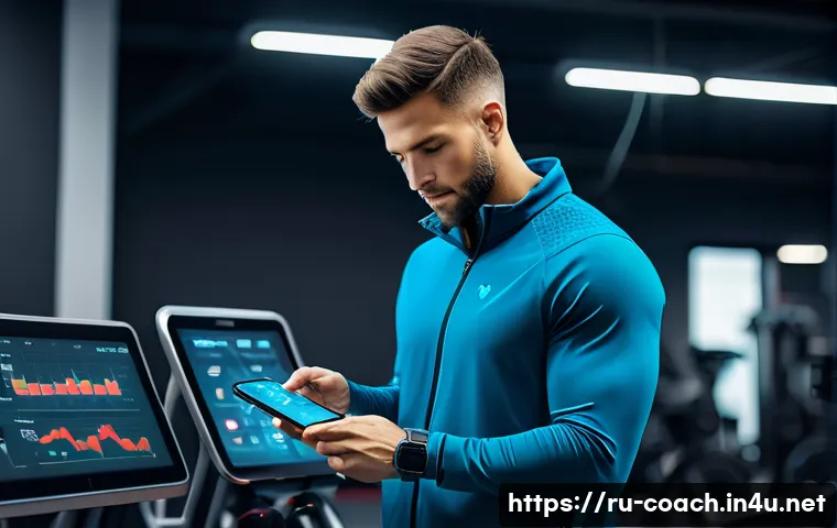 스포츠지도사 실무 스킬 업그레이드 - A professional sports coach in a modern gym environment using digital technology to analyze training...