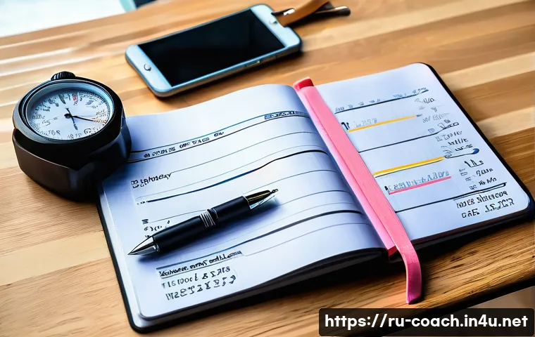 스포츠지도사 시험일기 작성법 - A detailed scene of a modern fitness journal open on a wooden desk, showing a well-organized table w...