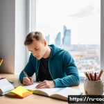 Home 19 스포츠지도사 필기시험 합격 전략 - A focused young Russian sports coach studying at a modern desk with textbooks, colorful highlighters...