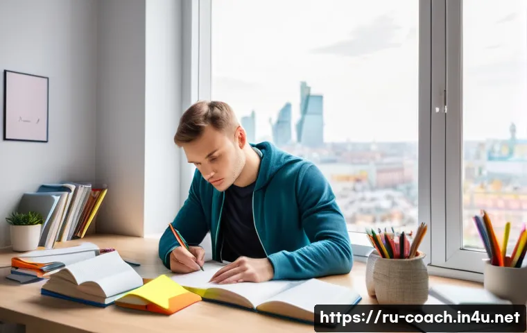 스포츠지도사 필기시험 합격 전략 - A focused young Russian sports coach studying at a modern desk with textbooks, colorful highlighters...