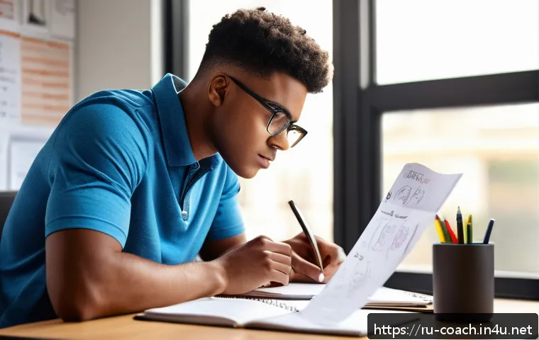 스포츠지도사 필기시험 고득점 전략 - A focused young adult male student studying sports coaching at a modern desk, surrounded by anatomy ...