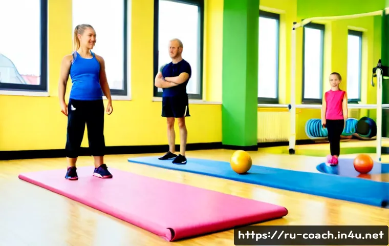 Home 17 스포츠지도사 자격증의 활용 분야 - Photorealistic sports coach qualification career scene in a modern Russian community fitness center,...